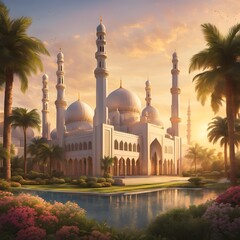 Obraz premium Grand mosque with beautiful architecture under a bright sky