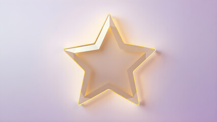 Obraz premium Modern translucent glass star icon with glowing pastel yellow edges, surrounded by subtle light particles on a gradient pastel purple background, rendered in 8K