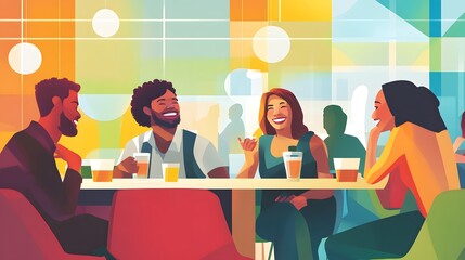 A diverse group of coworkers laughing during a casual lunch break in a vibrant office cafeteria