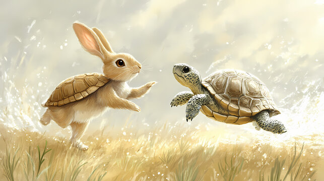 A whimsical scene capturing a rabbit and a turtle in a playful race. Fable. Illustration