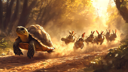 Aesop's fable concept. a turtle leads a pack of racing rabbits, all kicking up dust on a sunlit path, a playful take on the classic tortoise and hare story. Fable. Illustration