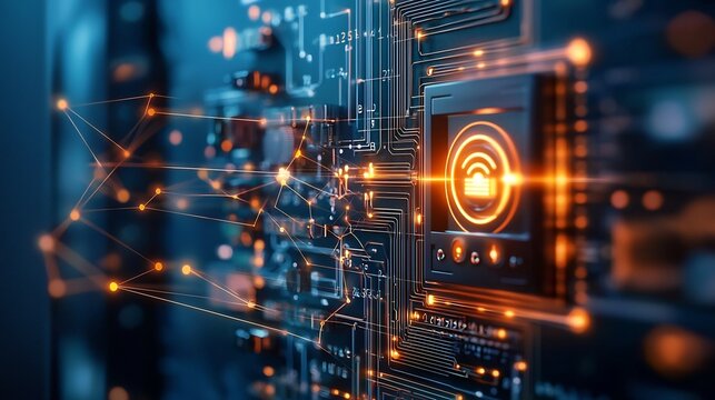 Cutting edge fire alarm system with IoT sensors visualizing heat and smoke level monitoring showcasing a glowing network of interconnected devices for enhanced safety and security