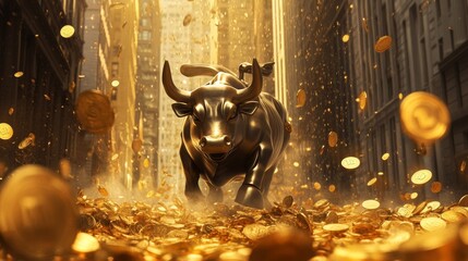 Photorealistic, ultra detailed image of gold coins raining down over the Wall Street Bull