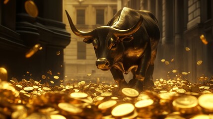 Photorealistic, ultra detailed image of gold coins raining down over the Wall Street Bull