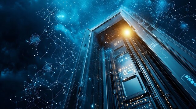 Automated fire detection network in a high rise building showcasing a holographic overlay that displays the system s connectivity and leaving copy space on the top left for additional information