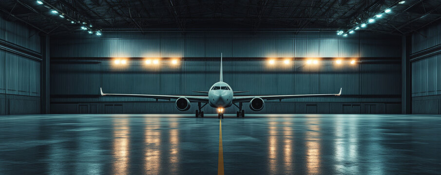 single jetliner is parked in spacious, empty airplane hangar illuminated by bright overhead lights, creating dramatic and serene atmosphere
