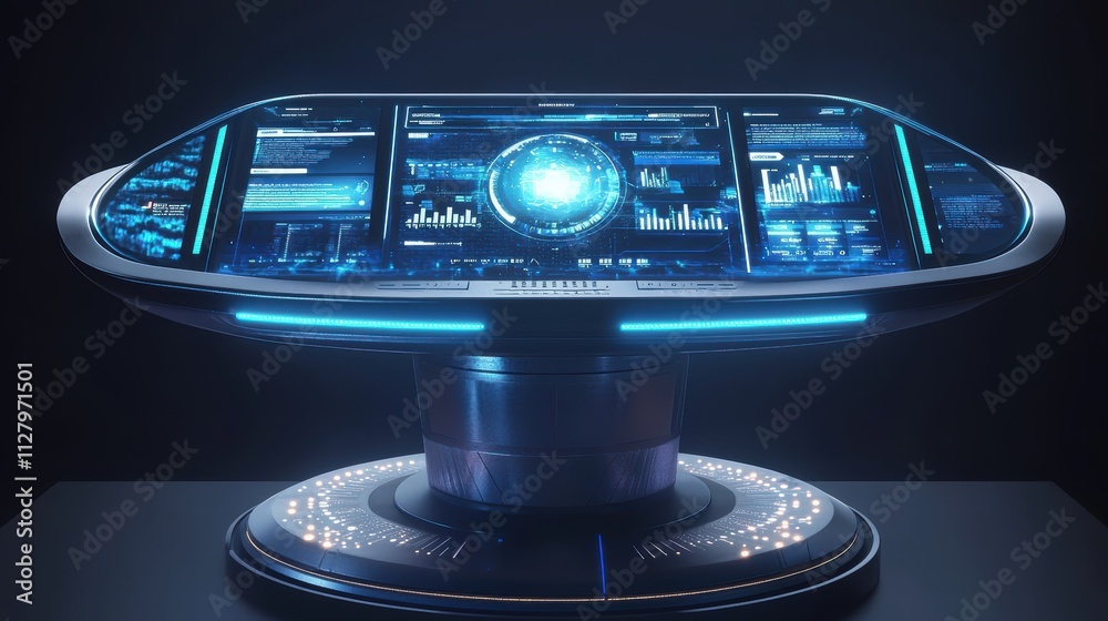 Poster futuristic interactive dashboard display with data information panels
