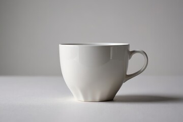 there is a white cup sitting on a table with a white background