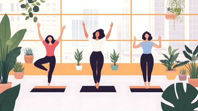 A group of coworkers taking an outdoor yoga class together as part of an employee wellness program