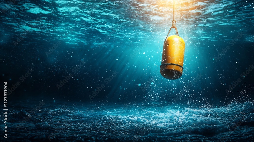 Poster a high tech buoy equipped with advanced sensors for tsunami detection connected to a central monitor