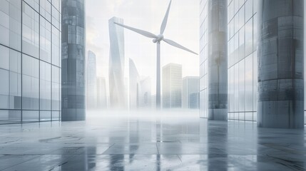 Modern Cityscape with Wind Turbine and Glass Buildings in Mist