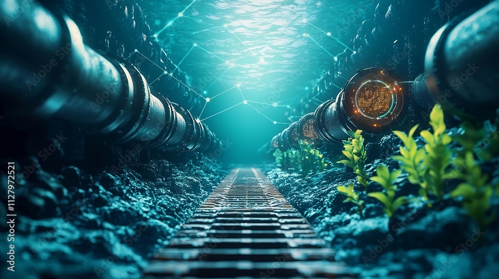 Poster a photograph showcasing an advanced underwater sensor array designed for tsunami detection connected