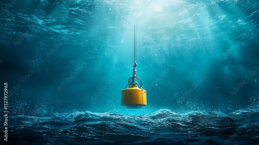 Poster futuristic buoy based tsunami detection system floating in the sea connected to coastal monitoring s