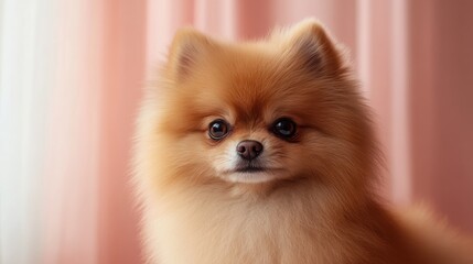 A medium shot of a playful small dog with neatly groomed fur, positioned in front of a smooth gradient pink backdrop, emphasizing its expressive eyes and alert ears