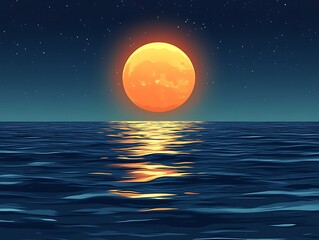 Obraz premium Orange Moon Rising Over Calm Ocean Waters At Night