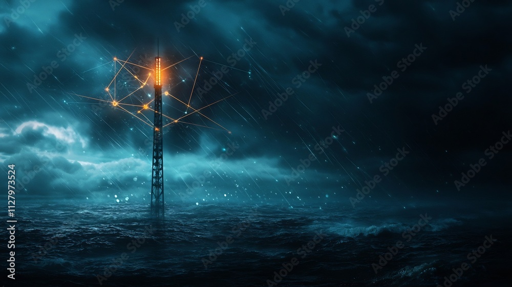 Poster coastal warning siren pole connected to real time tsunami detection network with glowing lines repre