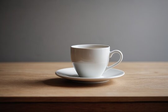there is a cup and saucer on a wooden table