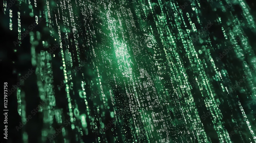 Poster green digital rain with binary code in abstract background