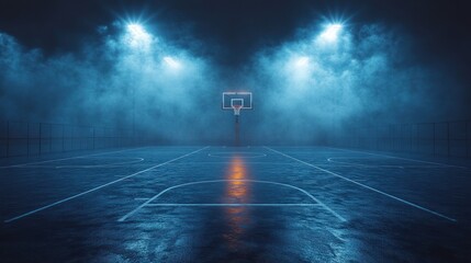 Dramatic basketball court scene with empty hoop moody atmosphere blue smoke intense spotlight