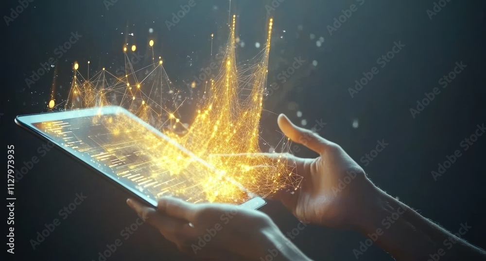 Poster Glowing data network emerging from tablet.