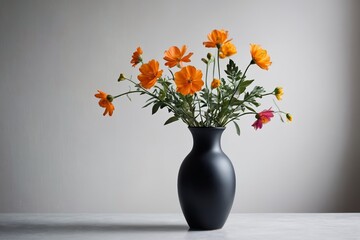 there is a vase with orange flowers in it on a table