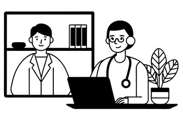 Minimalist line art featuring a telemedicine session