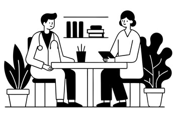 Minimalistic illustration of two professionals sitting at a table in a relaxed