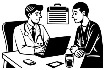 Fototapeta premium Flat line art depiction of a doctor consulting a patient in a modern clinic
