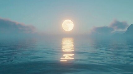 A glowing moon rising above a calm, reflective ocean.