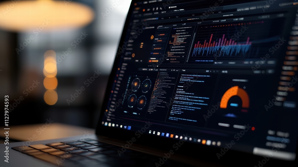 Poster modern laptop screen displaying advanced data analytics dashboard