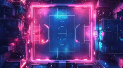 Futuristic neon-lit soccer field aerial view.