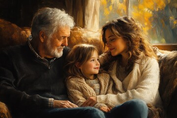 Three Generations of Women Together on Cozy Couch in Warm Light