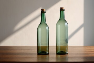 there are two green bottles sitting on a table with a shadow