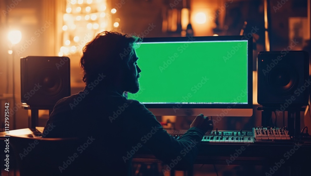 Aufkleber Man working on computer with green screen in home studio.