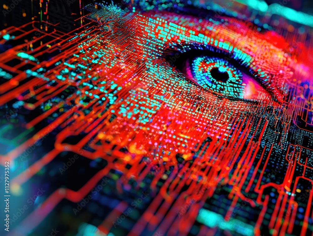 Poster digital eye with colorful circuit patterns in abstract design