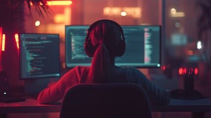Obraz premium A medium shot of a professional female office worker wearing headphones, sitting at her desk in a modern, brightly lit office environment
