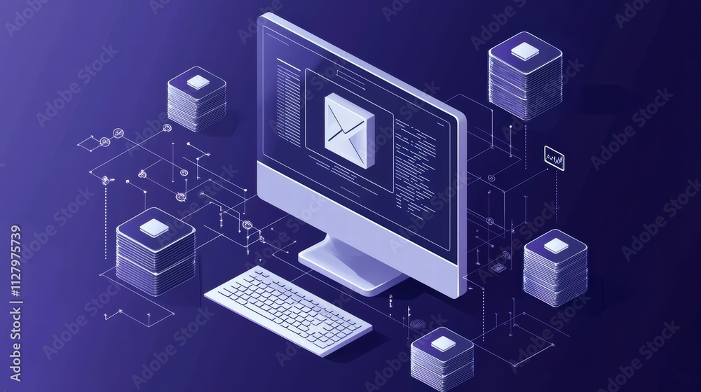 Poster modern computer with data storage and email interface visualization
