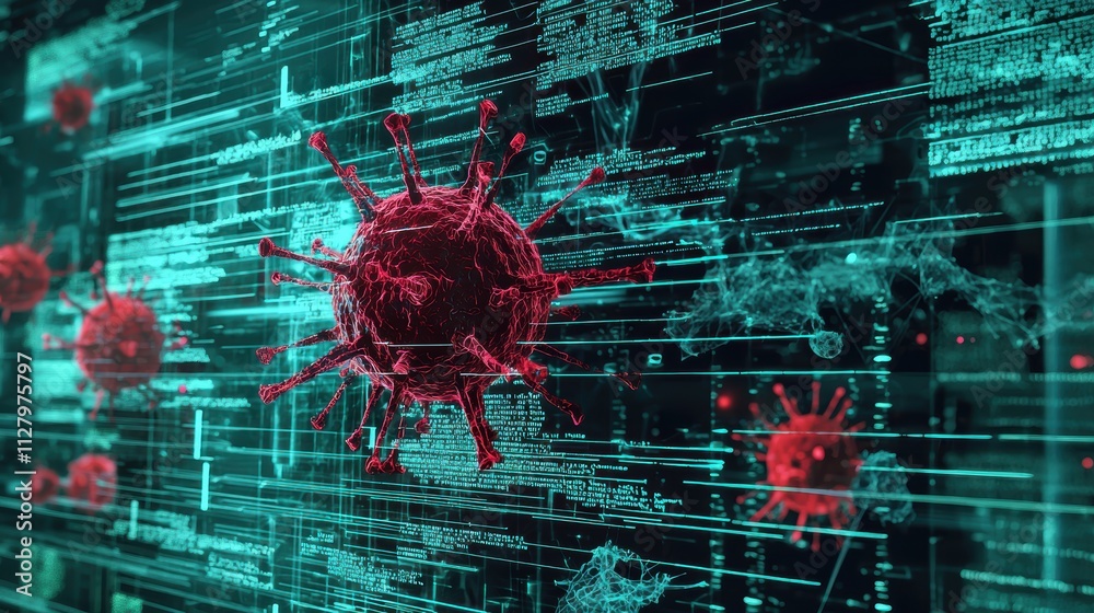 Poster virus cell against digital background with binary code and graphs