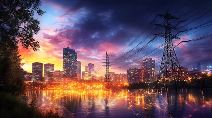 Aerial photograph of an urban skyline with high voltage power lines interconnected with advanced smart energy management systems