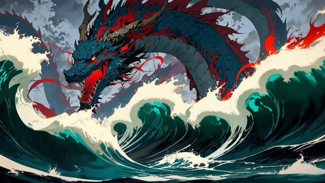 Video footage of fierce dragon with red and blue scales emerges from turbulent ocean waves, creating a dramatic and powerful scene against a stormy sky