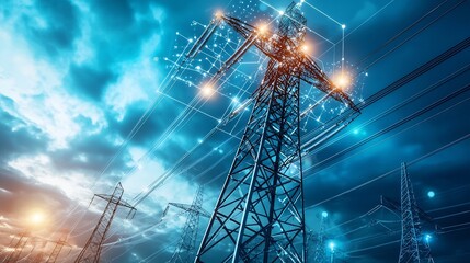 Futuristic control center monitoring a high voltage power grid with holographic displays showing detailed network connectivity and data analytics