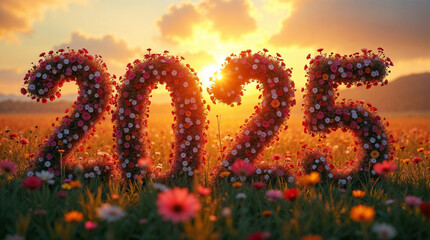 number 2025 made from different  flowers at beautiful garden at sunset