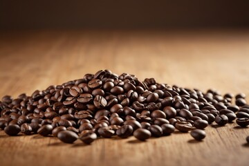 arafed pile of coffee beans on a wooden table