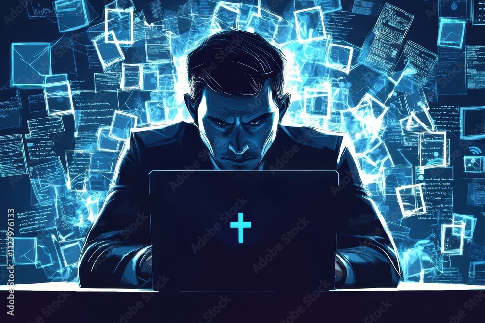 Poster man using laptop with digital background of documents and data