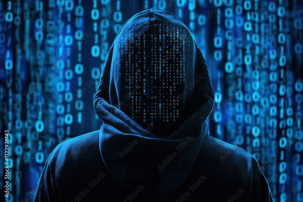 Poster mysterious figure in hoodie surrounded by binary code stream