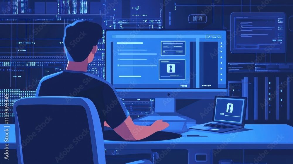 Poster person working with computer in dark room with data visuals display