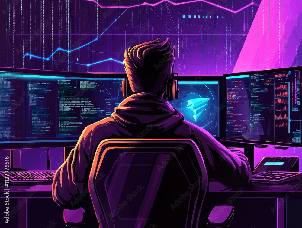 Poster creative digital workspace for coding with multiple screens and charts