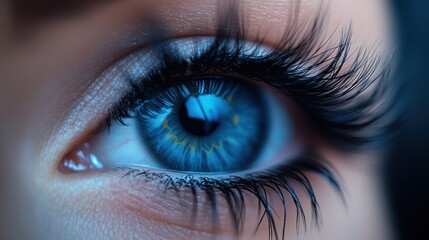Fototapeta premium Close-up of a woman's bright blue eye with long eyelashes.