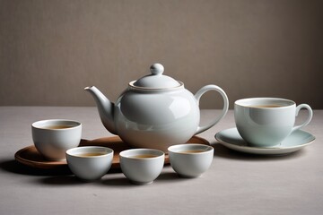 Fototapeta premium there are four cups of tea and a teapot on a table