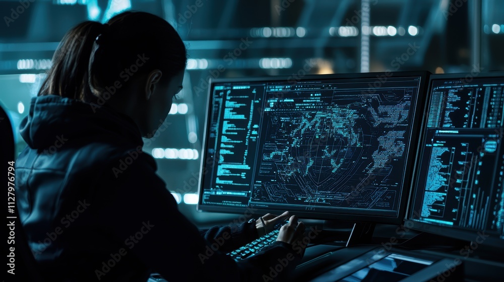 Poster woman analyzing data on high-tech computer in futuristic setting